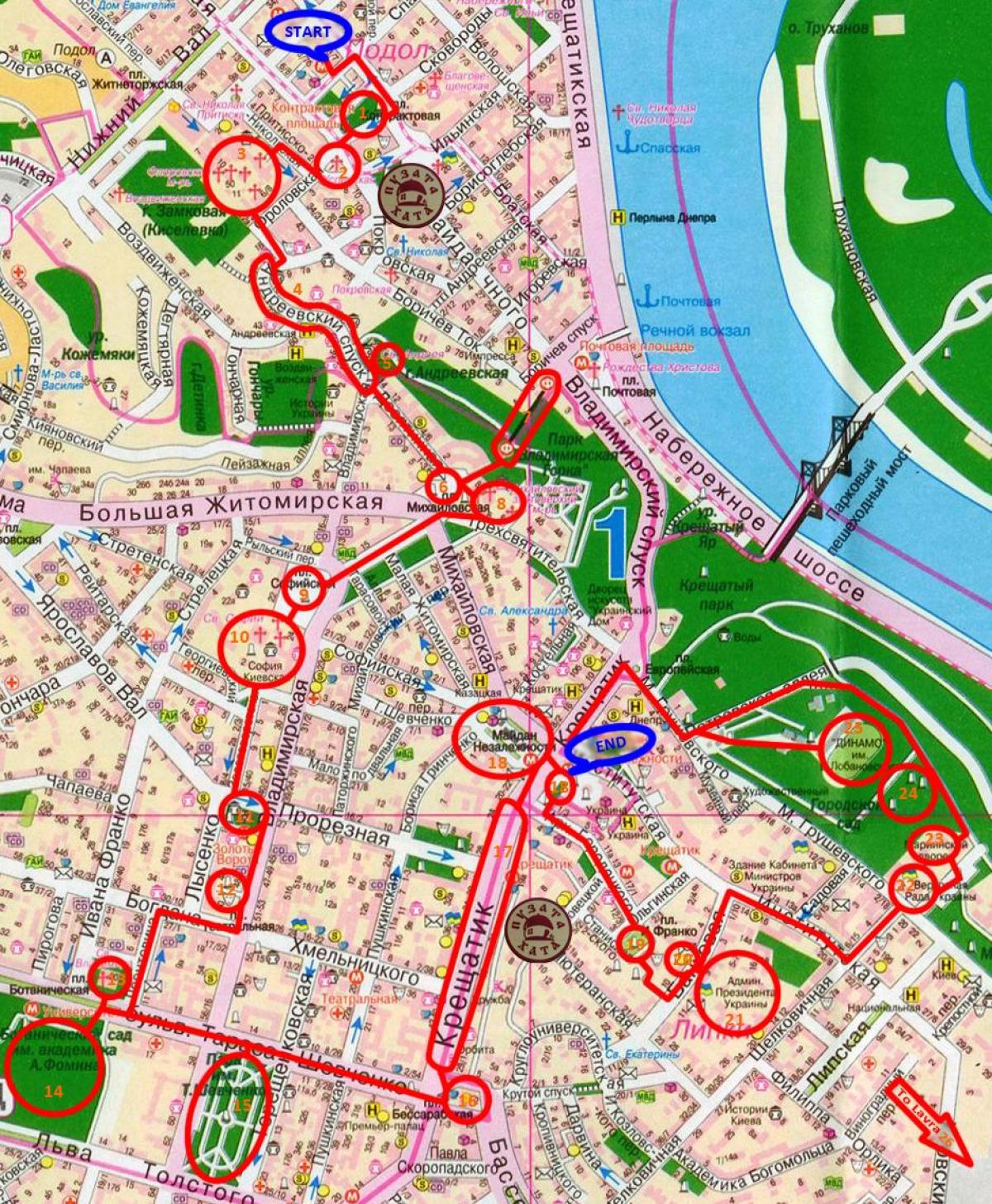 キエフのウォーキングツアーの地図